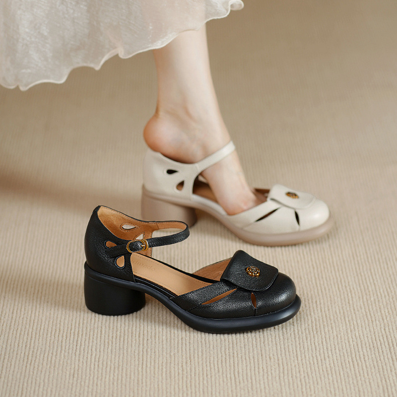 Sandal nữ đế dày 5cm gót hoa trà quai ngang khóa mũi — đen