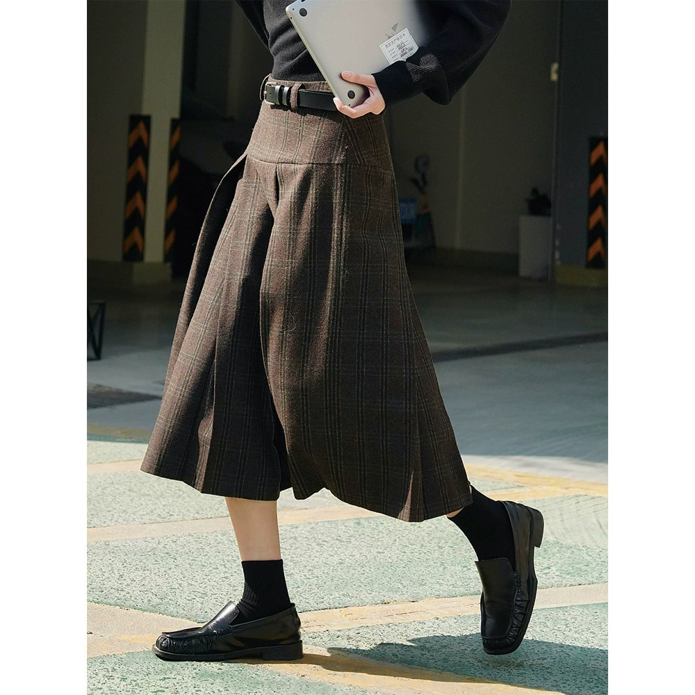 Зимняя новая корейская ретро-юбка из шерсти с высокой талией, плиссированная, теплая, свободного кроя, в клетку, длинная, для женщин