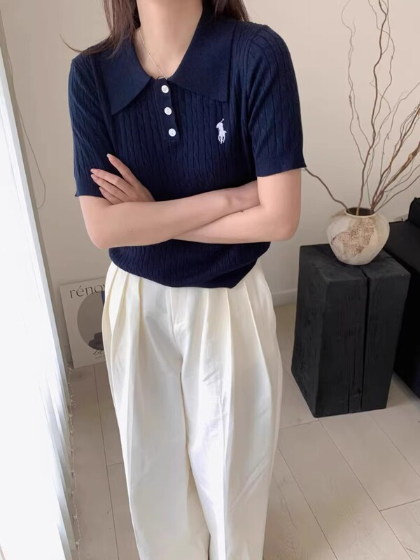 韓国ポニー刺繍ポロ襟ツイストニット半袖Tシャツレディース夏スリムで万能なショートトップA3958|undefined