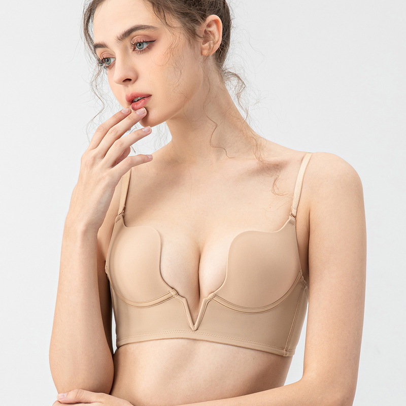 French-style small cup shaping underwire bra with sexy smooth surface, seamless, deep V, strapless, beautiful back, no underwire, brassiere