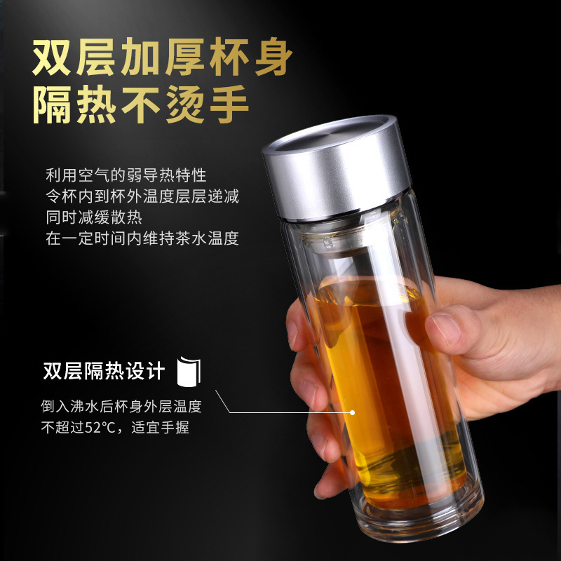 家用雙層水杯帶蓋泡茶玻璃杯便攜隔熱不鏽鋼泡茶杯男學生透明水杯