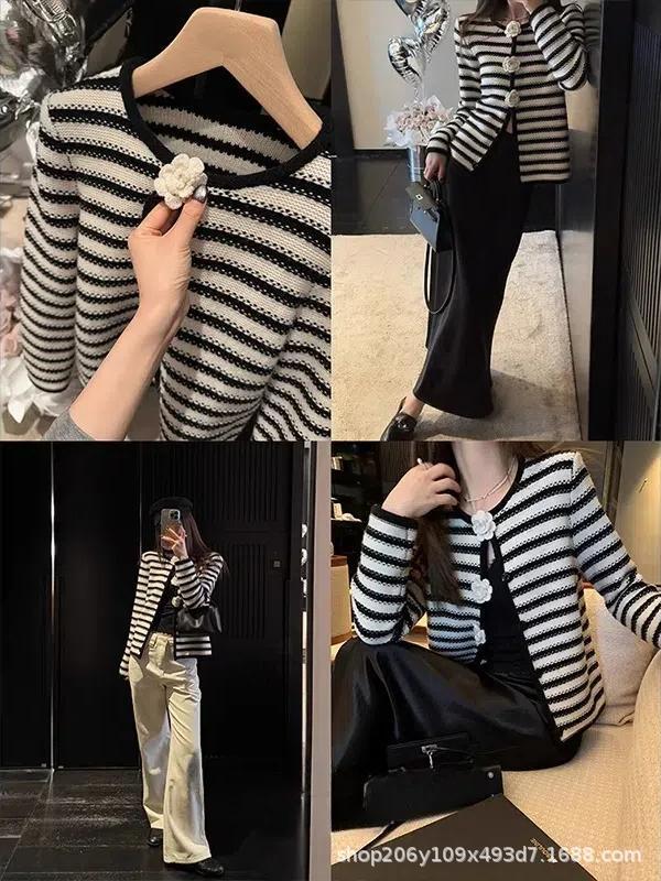 重工立体钩花羊毛混纺条纹开衫针织毛衣显瘦外套女春新款G030312|undefined