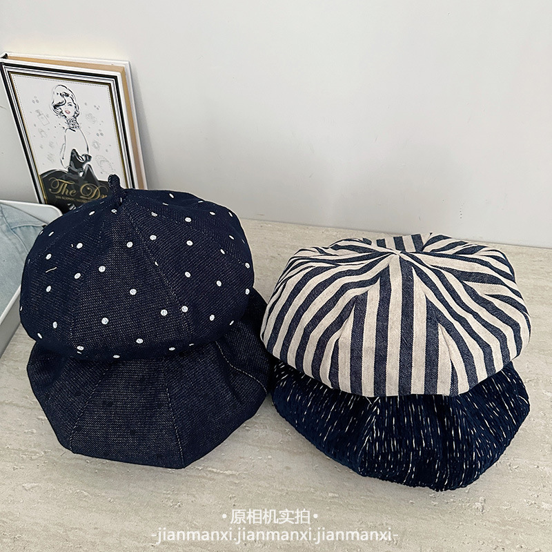 云朵波点条纹贝雷帽子女秋冬新款显脸小韩版韩国显脸小蓓蕾帽批发|undefined
