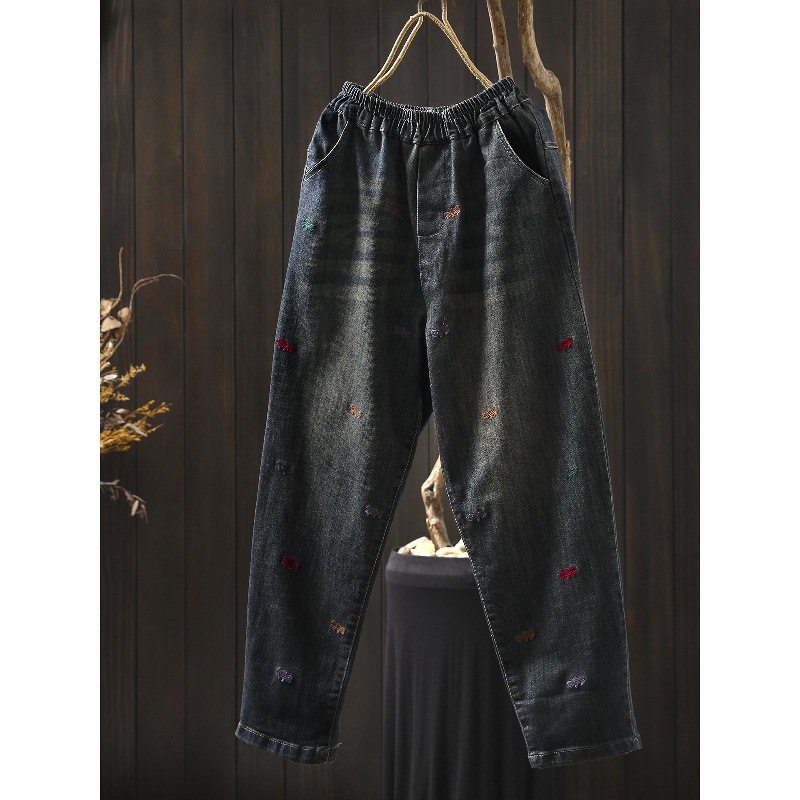 潮流花朵刺绣全棉牛仔裤女士2025秋季新款韩版宽松百搭显瘦哈伦裤