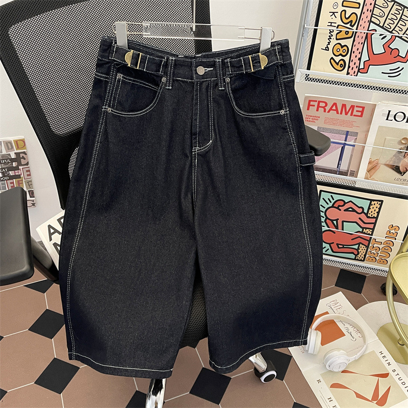 Summer New Style Men's American Retro Slim Straight Loose Wide-Leg Cropped Jeans, Men's 5-Point Shorts