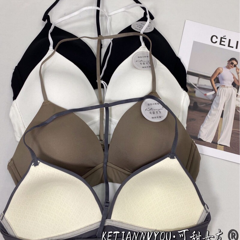 New Sexy Spice Girl Short Beautiful Back Underwear Thin Triangle Cup Cross Hanging Neck Vest Women's Bra with Chest Pad
