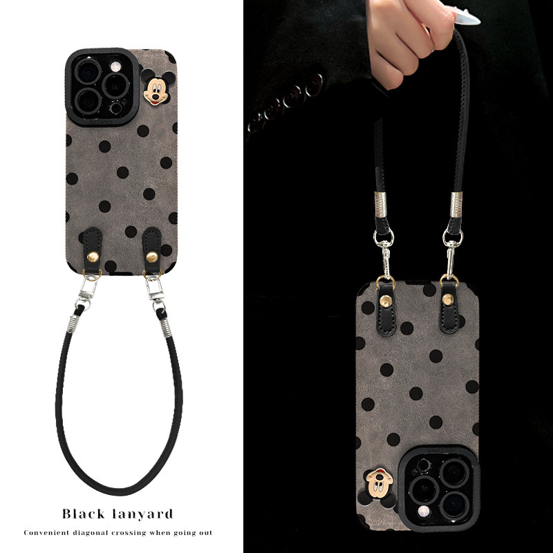 Suitable for Apple 16Promax Mobile Phone Case Iphone13 Polka Dot Mickey Doll Lanyard 15 Silicone 14 Suede Suitable for Apple 16Promax Mobile Phone Case Iphone13 Polka Dot Mickey Doll Lanyard 15 Silicone 14 Suede