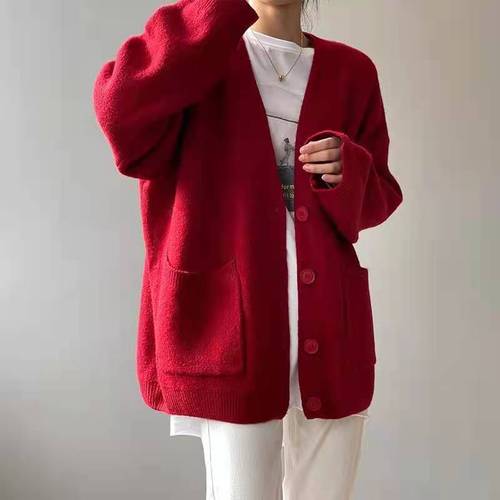 Women's Sweater Coat Outerwear Spring and Autumn Korean Style Loose Casual Lazy Style Solid Color Knitted Cardigan