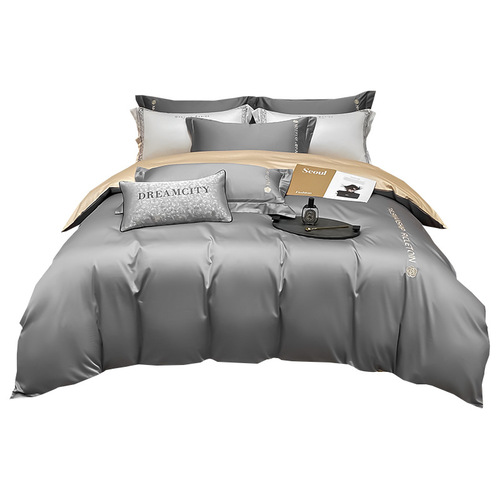 Light luxury washed ice silk bed four-piece set embroidered high-end Tencel bed sheet quilt cover fitted sheet three-piece bedding set wholesale