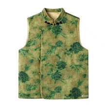 中老年国风立领斜襟盘扣马甲背心女秋季新款复古绿色提花坎肩上衣