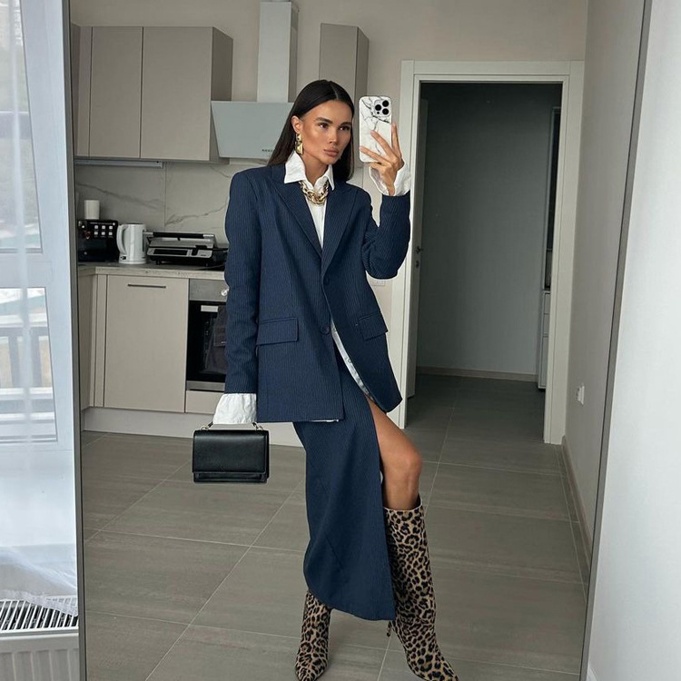 European and American Fashion High-end Sense Striped suit Women's Lapel Long-sleeved Top Suit High Waist Split Skirt Two-piece Set European and American Fashion High-end Sense Striped suit Women's Lapel Long-sleeved Top Suit High Waist Split Skirt Two-piece Set