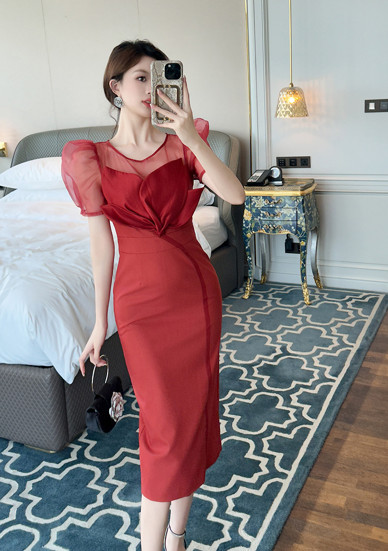 Váy maxi thắt eo tay phồng phối cánh hoa thiết kế cổ điển Pháp xẻ tà — Xanh trăng trúc, Màu đỏ chi tiết 12