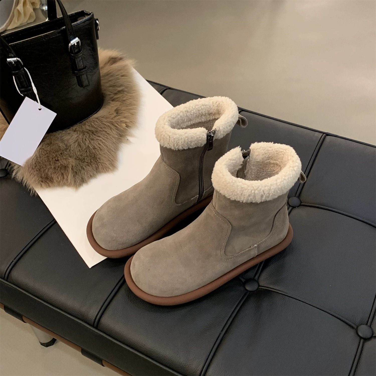 Snow boots women's winter fur one thick warm ankle boots with velvet cotton shoes_voghion.com