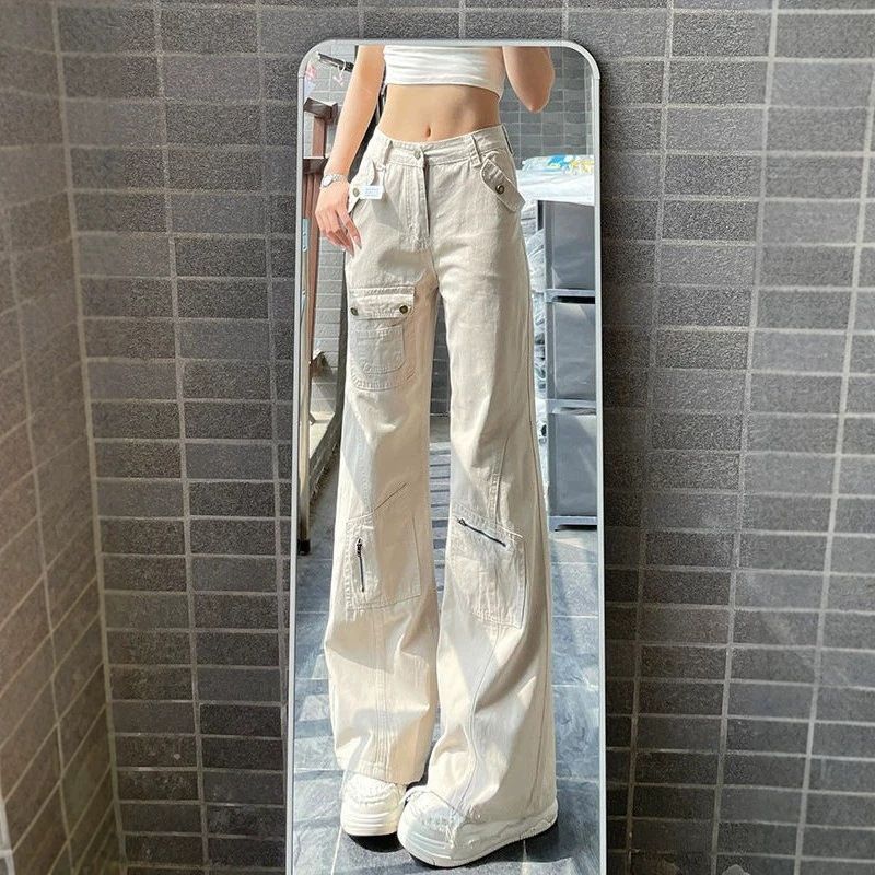 American-Style Design Multi-Pocket Workwear Jeans for Women, New Spring/Summer Low-Waist Loose Straight-Leg Flared Wide-Leg Pants