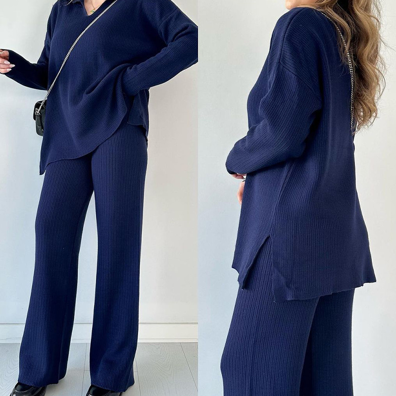 Women's Clothing fashion solid color loose hem slit sweater two piece set for women_voghion.com