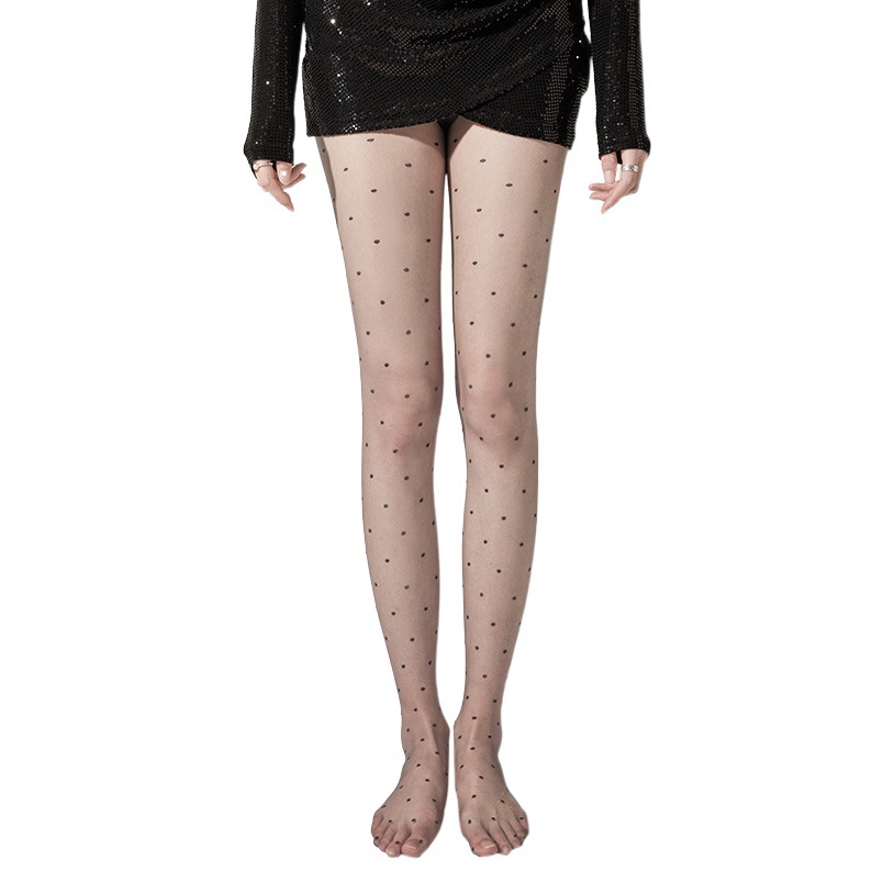 Medias de lunares negros de seda negra de las mujeres de alta transparente ultra-Delgado transparente retro amor redondo punto blanco punto sexy Delgado