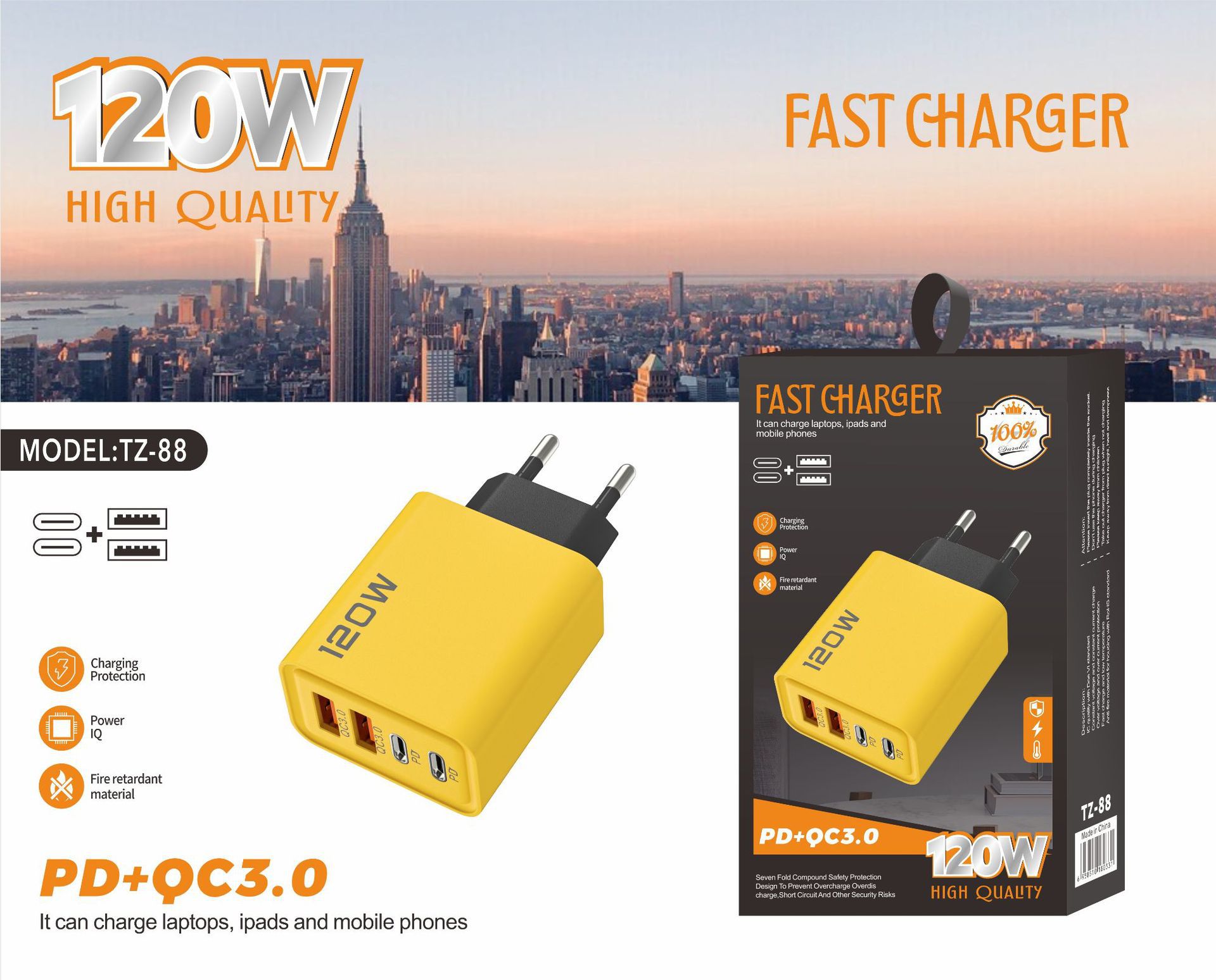 120W Dual PD + Dual USB Cargador para Apple 15 Huawei Dual Typec Smart Fast Charger Head