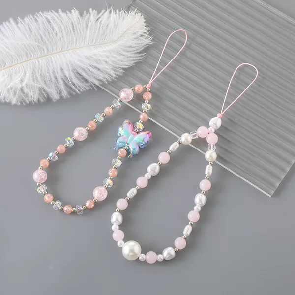 Ins New Pearl Bowknot Mobile Phone Chain Cute Pink Handmade Beaded Hanging Accessories Mobile Phone Lanyard Chain for Women