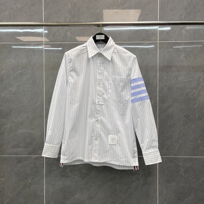 Trendy TB Spring New Style Men's Long-Sleeve Shirt with Twill Four-Bar Vertical Stripes, Contrasting Colors, Pointed Collar, and Poplin Fabric Trendy TB Spring New Style Men's Long-Sleeve Shirt with Twill Four-Bar Vertical Stripes, Contrasting Colors, Pointed Collar, and Poplin Fabric