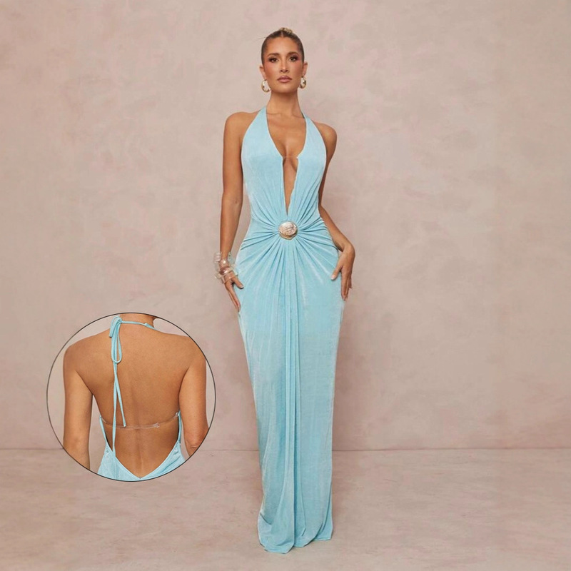 G25D141-2025 European and American Cross-Border New Women's Clothing Sexy Deep V-Neck Strap Slit Backless Dress