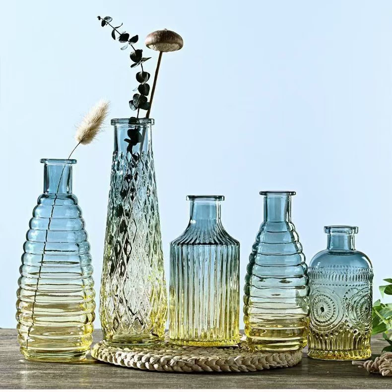 Декоративная ваза из стекла с тиснением в европейском стиле, украшения для гостиной, легкие роскошные аксессуары для дома, Гидропонные цветы с сухоцветами