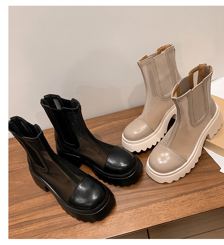 Boot ngắn nữ da bò mũi tròn đế dày thoáng khí khóa kéo sau — Màu đen, Màu mơ chi tiết 55