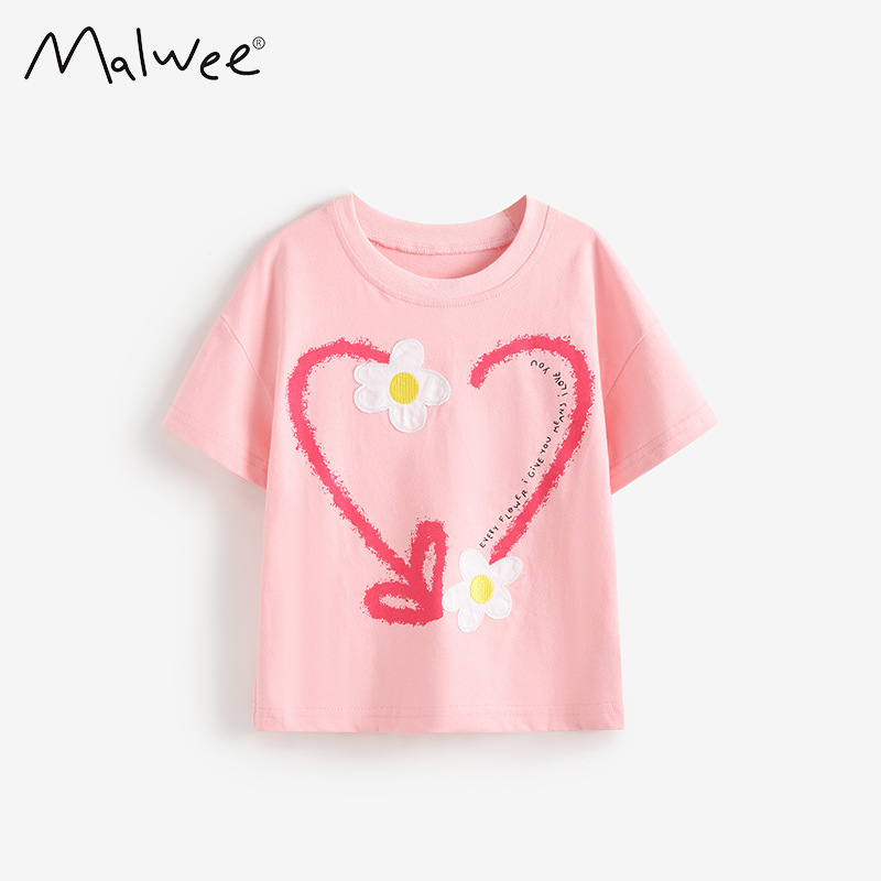 Malwee niñas de manga corta verano nuevo estilo europeo y americano niños pequeños y medianos cuello redondo casual linda niña camiseta top