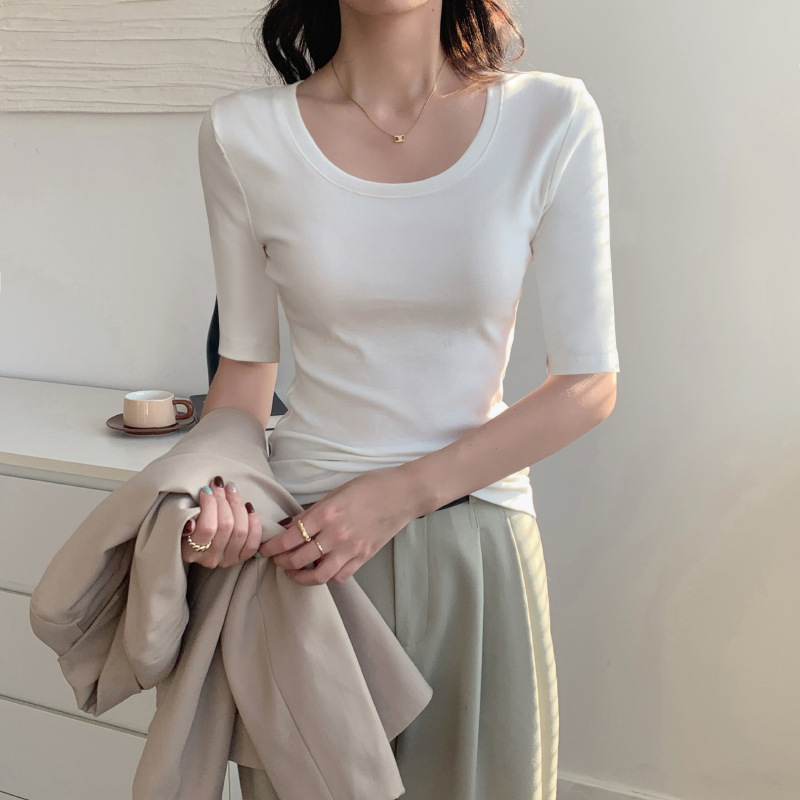 White Round Neck Mid-Sleeve T-Shirt for Women Spring & Fall 2025 New Slim Fit Three-Quarter Sleeve Three-Quarter Sleeve Inner Layering Shirt Top