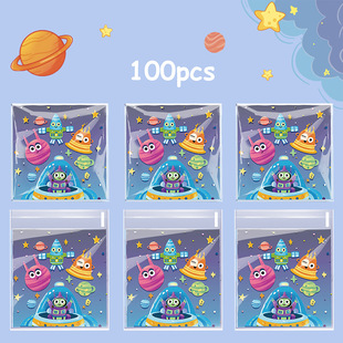 New 100 Pieces of Cartoon Alien Spaceship Opp Self-Adhesive Bag Happy Party Small Gift Self-Sealing Packaging Bag