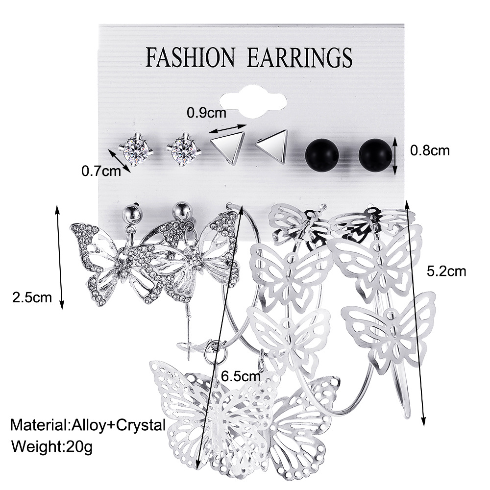 Creative Geometric Rhinestone Embedded Hollow Butterfly Metal Earrings 6-piece Set display picture 1