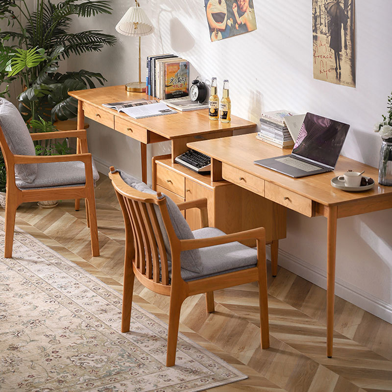 Scandinavian Cherry Wood Solid Wood Double Desk Home Simple Oak Extended Telescopic Corner Kidsren's Writing Computer Table