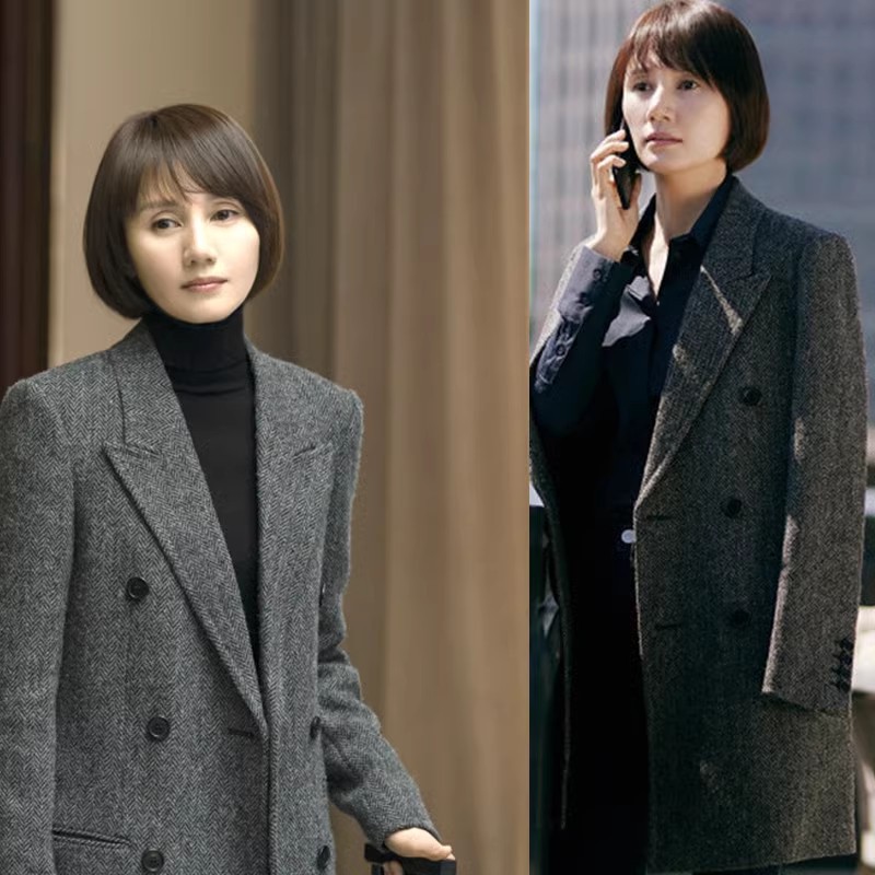 몸집이 작은 여성을 위한 양면 코트, 슬림핏, 중간길이, 새로운 버전의 헤링본 울 캐시미어 코트