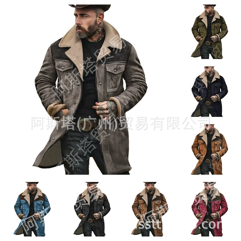 2024 Независимая станция взорвала одноцветное мужское пальто с бархатным толстым толстым и длинным теплым пальто европейской и американской куртки большого размера