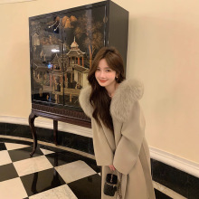 雪后初霁25冬新款狐狸毛领连帽长款双面羊绒大衣女高级感毛呢外套