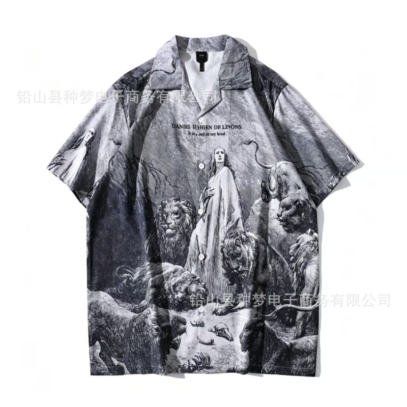 Cross-Border Foreign Trade Summer Men's Trendy Dark Style Casual Fashion Short-Sleeve Shirt Digital Print Cardigan Short-Sleeve