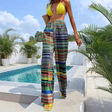 2025跨境欧美女装新款春秋季彩色印花高腰长裤休闲舒适垂感阔腿裤