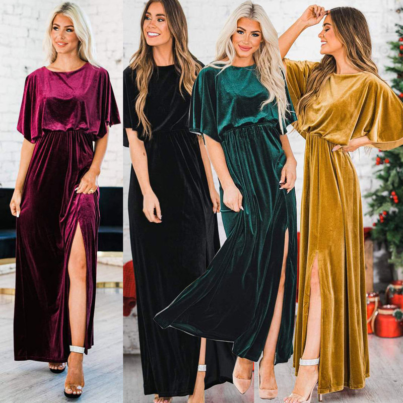 European and American Clothing 2025 New Spring and Summer Sexy Elegant Dress Gold Velvet Round Neck High Slit Evening Dress for Women