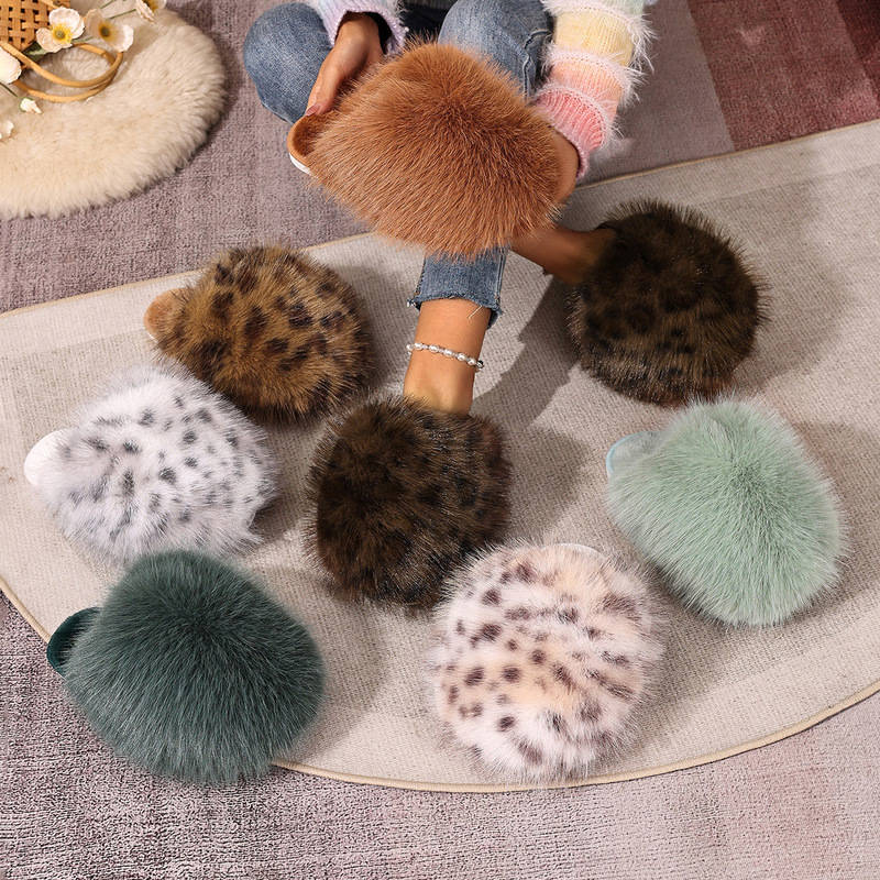 Cross-Border Large Size Solid Color Fluffy Big Fur Slippers with Soft Soles, Winter Closed-Toe Home Warm Foreign Trade Leopard Print Cotton Slippers Cross-Border Large Size Solid Color Fluffy Big Fur Slippers with Soft Soles, Winter Closed-Toe Home Warm Foreign Trade Leopard Print Cotton Slippers