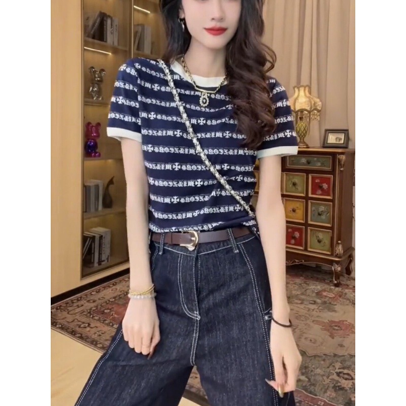 European Style Short-Sleeve Women's T-Shirt, New Summer Model, High-End European Knit Top, Luxurious and Trendy This Year, Beautiful Blouse European Style Short-Sleeve Women's T-Shirt, New Summer Model, High-End European Knit Top, Luxurious and Trendy This Year, Beautiful Blouse
