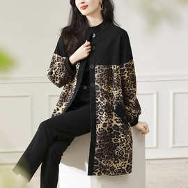 大摆豹纹外套2023秋冬新款宽松轻熟风撞色拼接大码风衣女