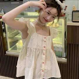 法式荷叶边背心小飞飞袖碎花小吊带衬衫女夏季短款娃娃衫无袖上衣