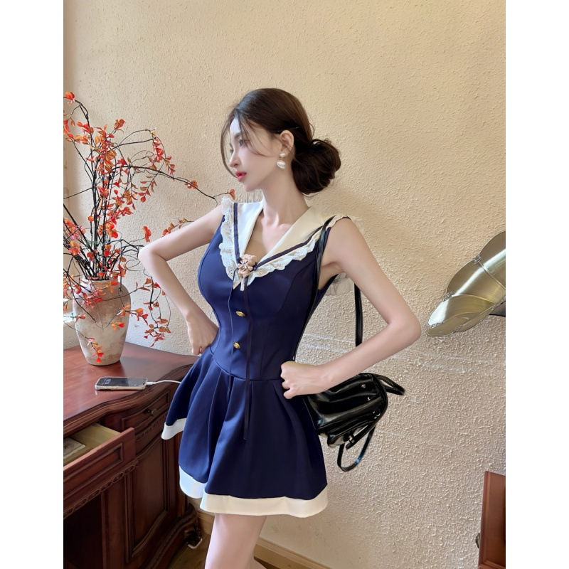 Real Shot of Sexy Girl's Sexy Lapel Navy Preppy Style Contrasting Color Short Waist-Cinching Dress Real Shot of Sexy Girl's Sexy Lapel Navy Preppy Style Contrasting Color Short Waist-Cinching Dress