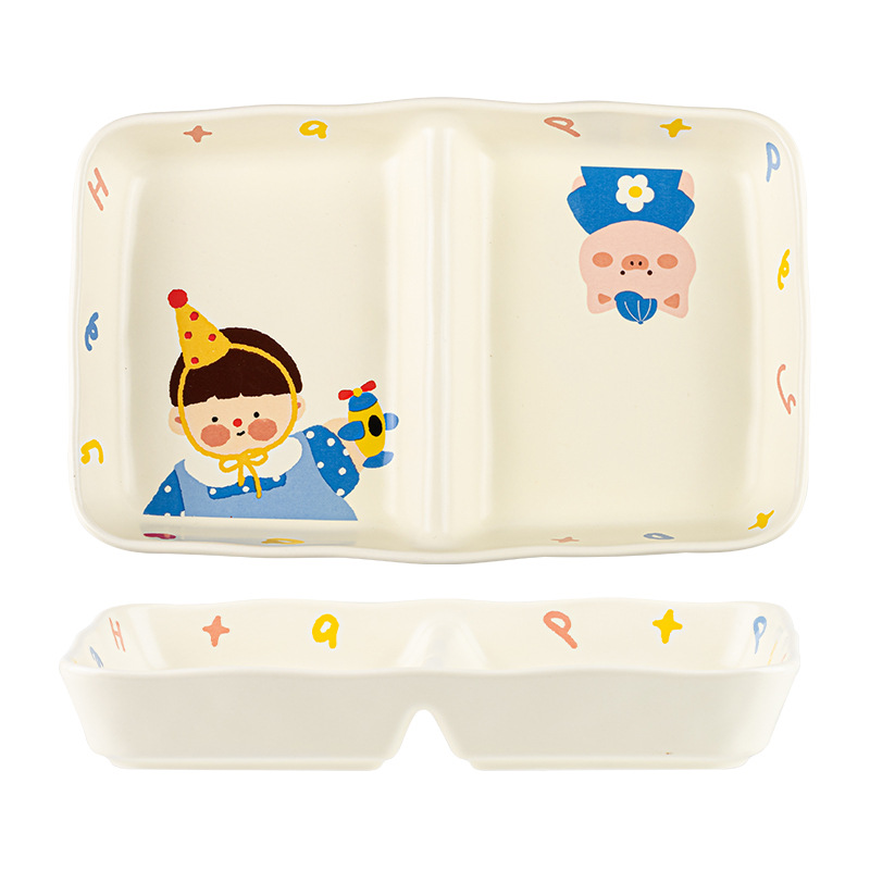 Una familia de cuatro padres e hijos, plato dividido, juego de vajilla de cerámica, regalo para el hogar, plato de color bajo vidriado, plato de desayuno lindo