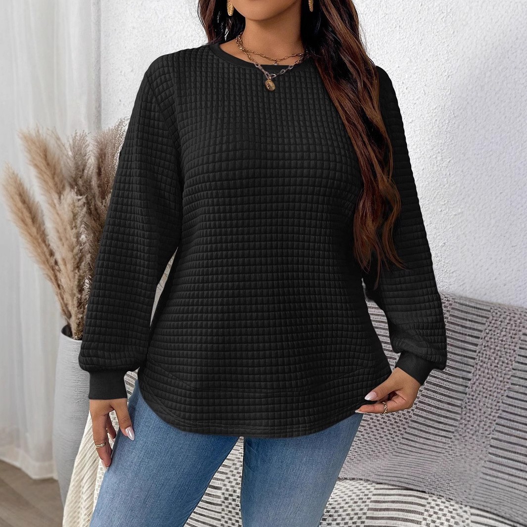 Transfronterizo de ropa de mujer de tamaño grande nueva camiseta casualidad de color sólido cuadrado con cuadrícula y redonda de abbillado otoño y invierno