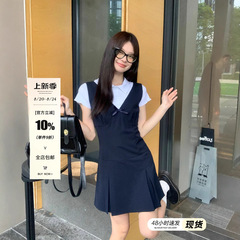 宋正恩藏蓝V领学院风吊带连衣裙女夏季背心裙韩系收腰无袖短裙子