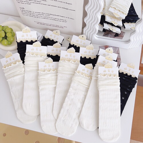 White fungus edge socks women's mid-calf socks ins trendy pure cotton mesh summer thin Japanese style cute jk stockings