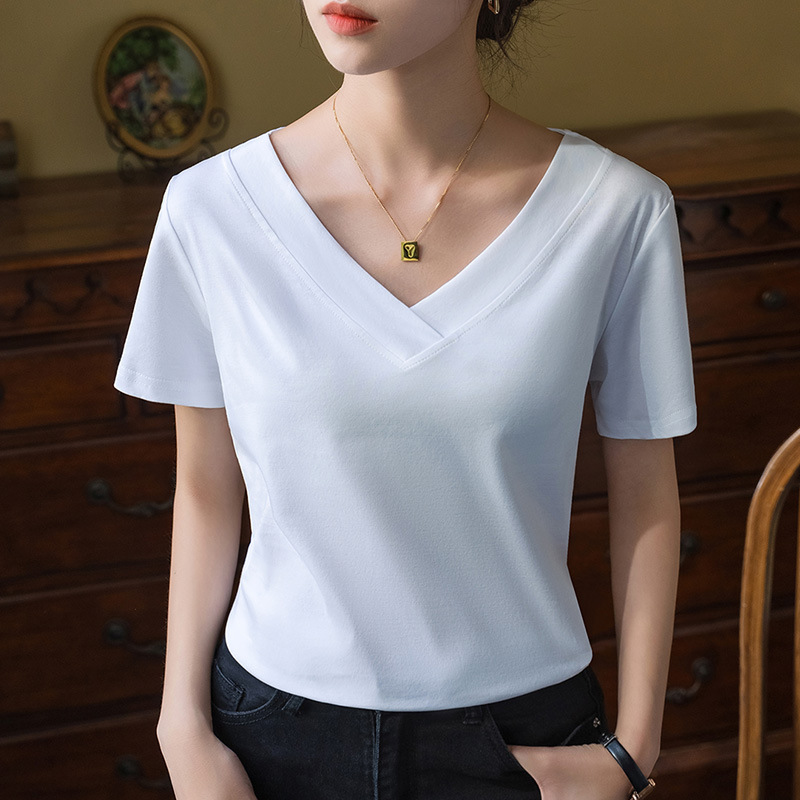Camiseta de manga corta de algodón mercerizado con tacto helado para mujer, nueva colección de ropa femenina para el verano de 2025, camiseta de algodón puro con cuello en V de borde ancho, top elegante que realza la figura. image 2