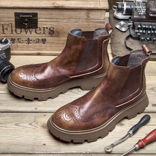 Brock Carved Retro Chelsea Boots Genuine Leather Thick-soled Heightened Mid-top Martin Boots Men's Boots British Leather Boots