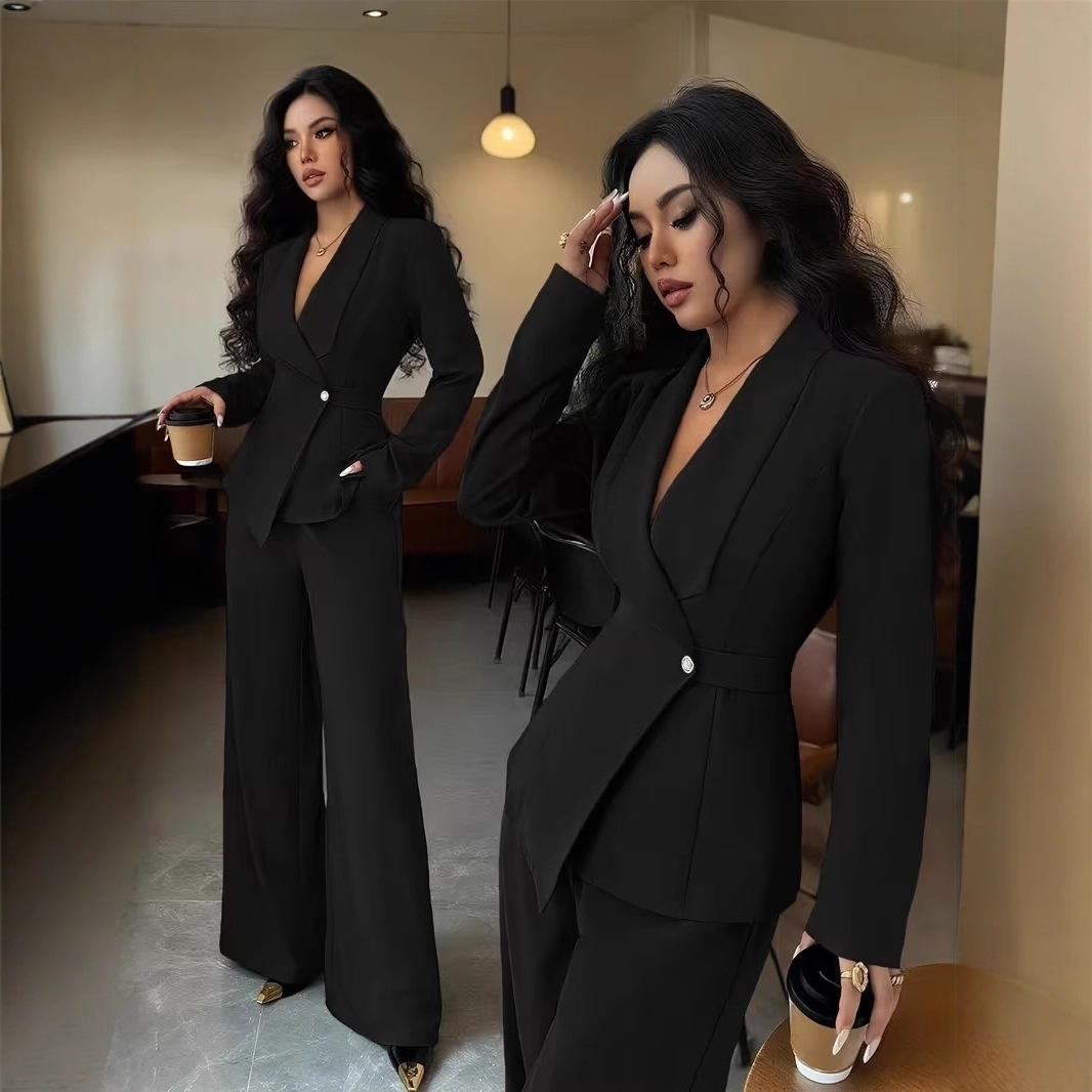 European American Women's Fashion Spring Autumn Casual Suit, Ladies' Solid Color V-neck Long Blazer And Wide-leg Pants_ecoleips.com