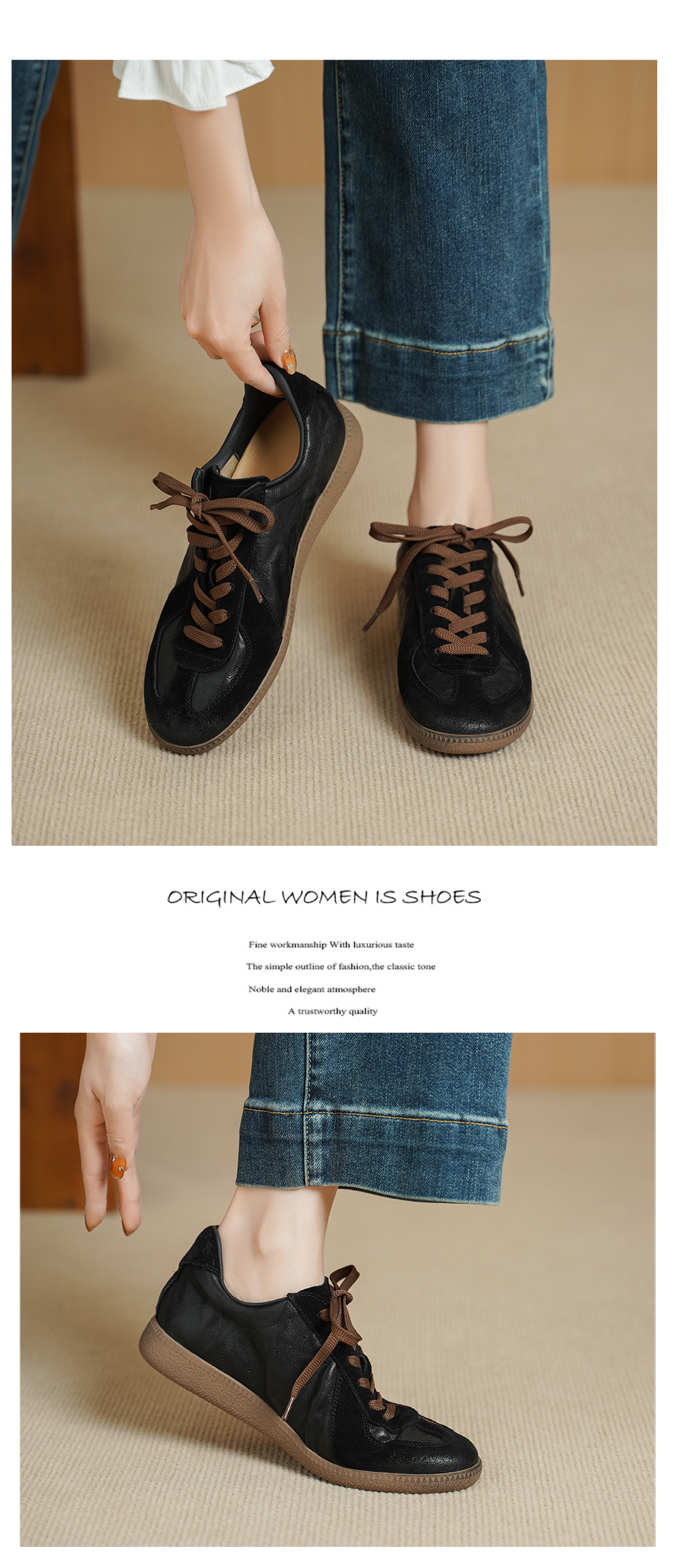 Giày lười nữ mũi vuông phong cách vintage phối da cừu và da bò buộc dây — màu nâu chi tiết 8